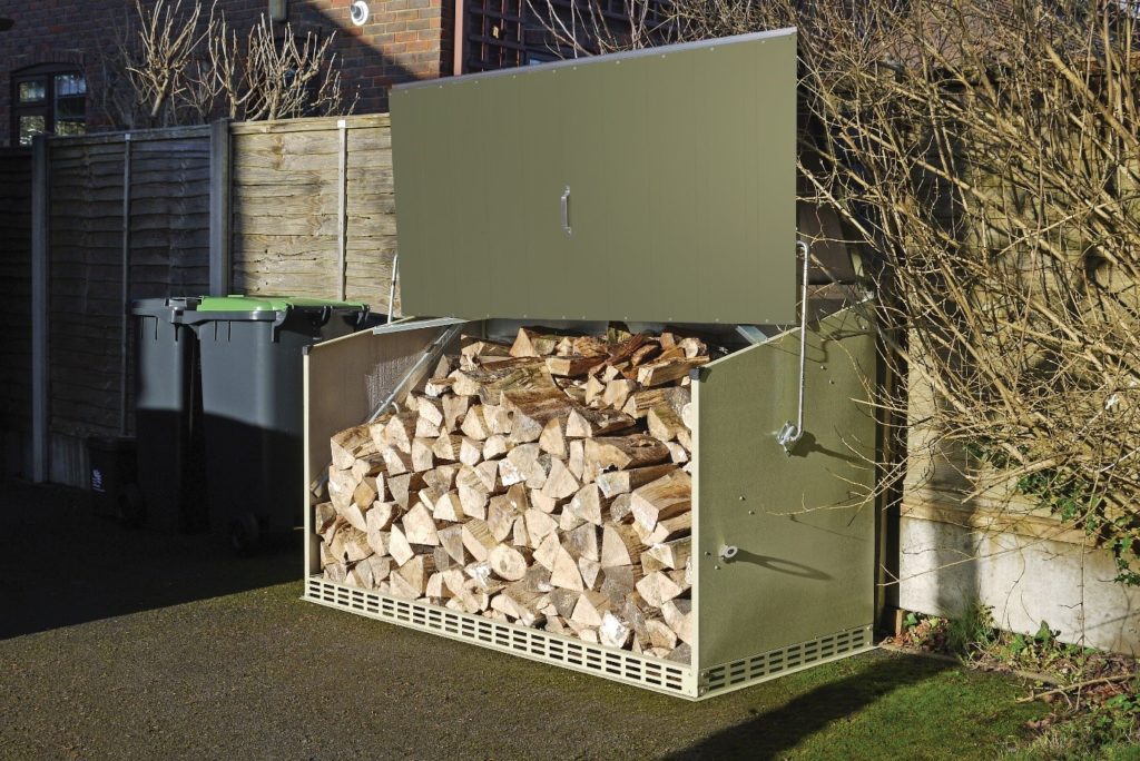 Trimetals metal log storage unit with ventilation, raised floor, and durable design, providing secure and weather-resistant outdoor firewood storage